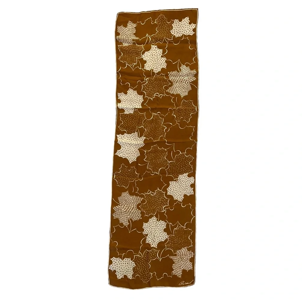 Burmel Vintage Silk Scarf Maple Leaf Brown Beige Hand Rolled Autumn Fall Canada